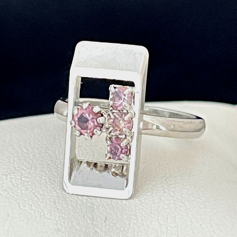 Vintage 1960s Cocktail Ring Mid Century Modern Pink Rhinestone Geometric - 4I